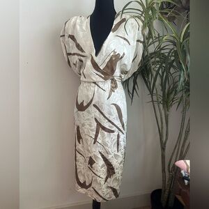 Vintage cream brown silk jacquard abstract print midi dress size 12